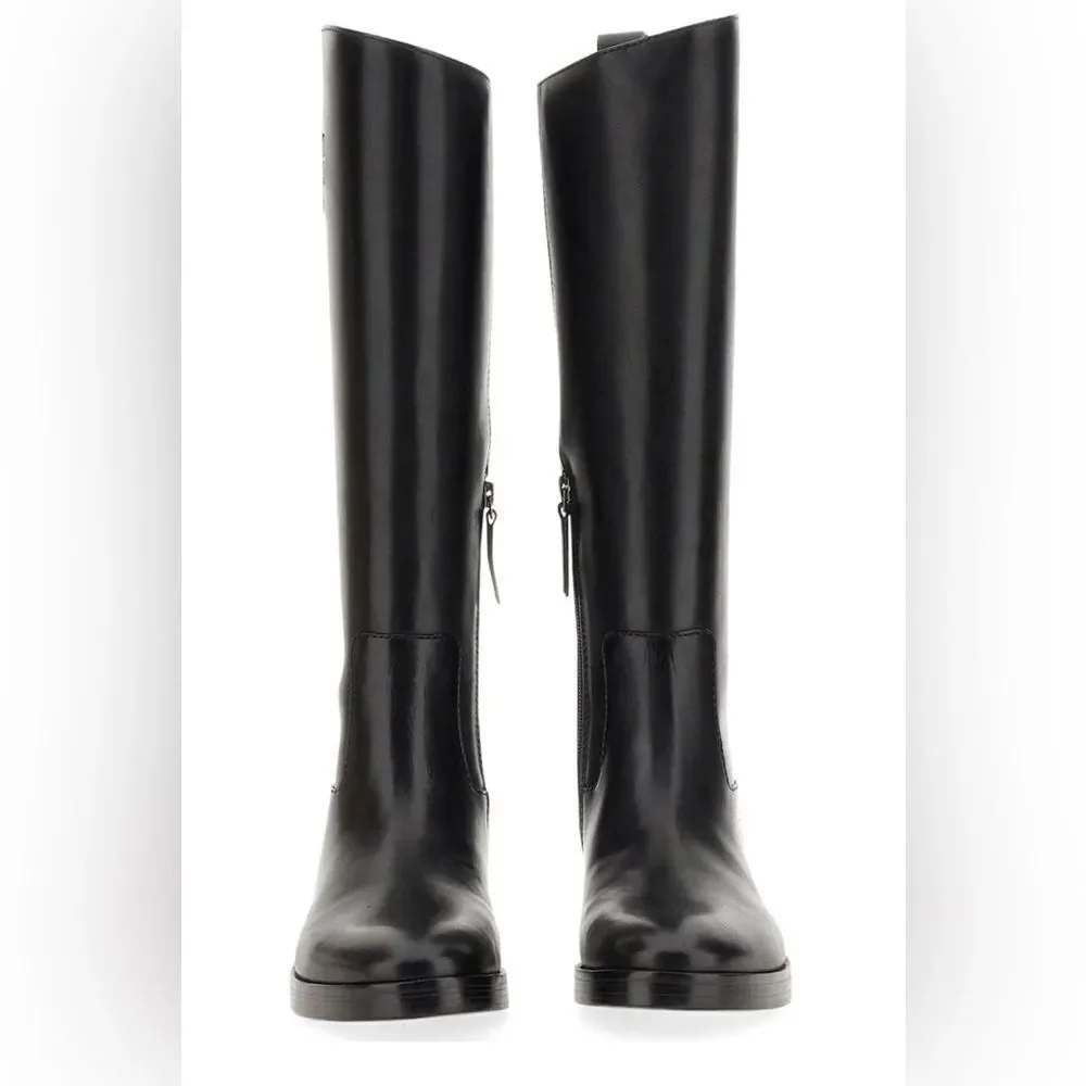 Tory Burch | Tory Burch Logo Embossed Riding Boots in Black | 6.5 M
